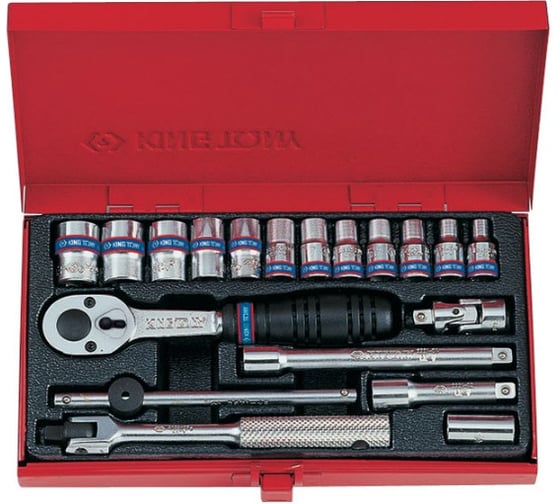 Изображение товара Набор торцевых головок с принадлежностями (1/4", шестигранные, 4-13 мм, 19 предметов) KING TONY 2521MR