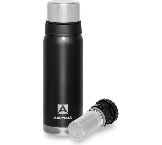 Изображение товара Термос с узким горлом и глухой пробкой Арктика со съемным ситечком, 2 накручивающиеся чашки в комплекте, объем 0.75 л, черный 106-750C-BK