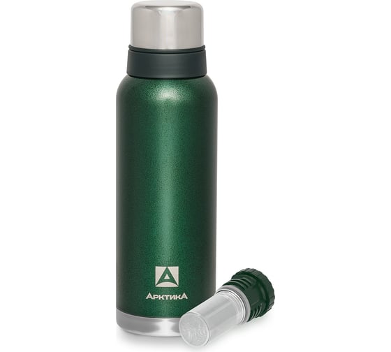 Изображение товара Термос с узким горлом и глухой пробкой Арктика со съемным ситечком, 2 накручивающиеся чашки в комплекте, объем 1.2 л, зеленый 106-1200С-GN