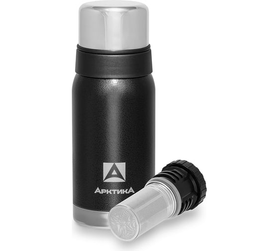 Изображение товара Термос с узким горлом и глухой пробкой Арктика со съемным ситечком, 2 накручивающиеся чашки в комплекте, объем 0.5л, черный 106-500С-BK