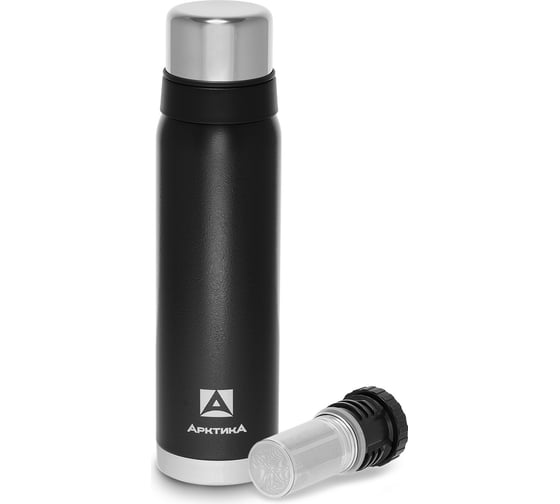 Изображение товара Термос с узким горлом и глухой пробкой Арктика со съемным ситечком, 2 накручивающиеся чашки в комплекте, объем 0.9 л, черный 106-900C-BK