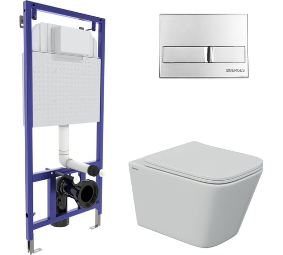 Изображение товара Комплект для монтажа подвесного унитаза Berges: инсталляция novum525, кнопка l3 хром глянец, унитаз floe s rimless, сиденье дюропласт floe s slim so, микролифт, быстросъем 043242