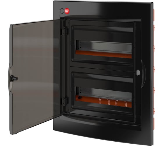 Изображение товара Встраиваемый щиток DKC с дверцей, 24 модуля, IP41, черный, с клеммным блоком 63А RB24B4TBD