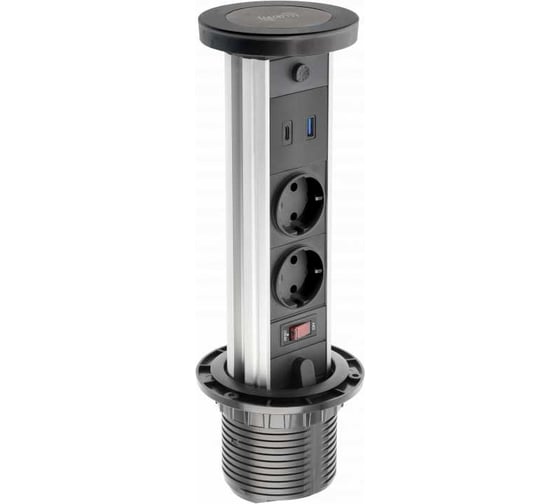 Изображение товара Врезной вертикальный удлинитель GTV camino, 2xschuko, 1xusb-a/5v, 1xtype-c/5v, беспроводная зарядка 10w, ночник, вилка провод 1,5м, черный AE-BPW2SCAM-20