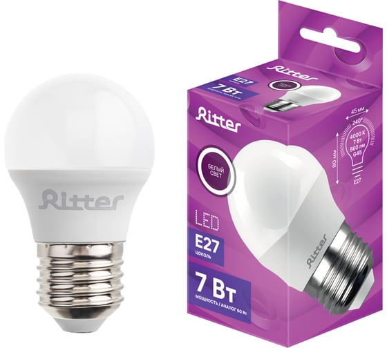 Изображение товара Лампа светодиодная RITTER LED G45 Е27 7W 560Лм, 4000K, холодный свет , 32343 3