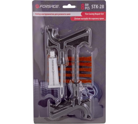 Изображение товара Набор инструментов для ремонта шин Forsage 8 пр.(шило,протяжка-''мелкая спираль'',шнуры-5шт,клей), в блистере f-stk-28 52319 F-STK-28(52319)