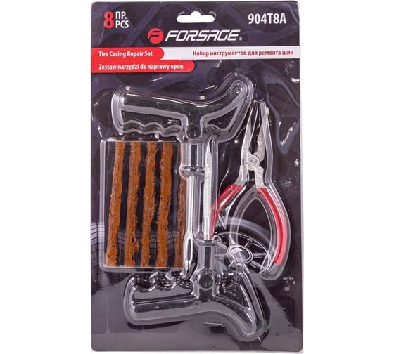 Изображение товара Набор инструментов для ремонта шин Forsage 8 пр.,(шило,протяжка,шнуры-5шт,утконосы), в блистере f-904t8a 52302 F-904T8A(52302)