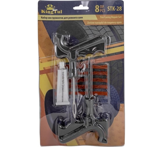 Изображение товара Набор инструментов для ремонта шин KingTul 8 пр.,(шило,протяжка-''мелкая спираль'',шнуры-5шт,клей), в блистере kt-stk-28 52325 KT-STK-28(52325)