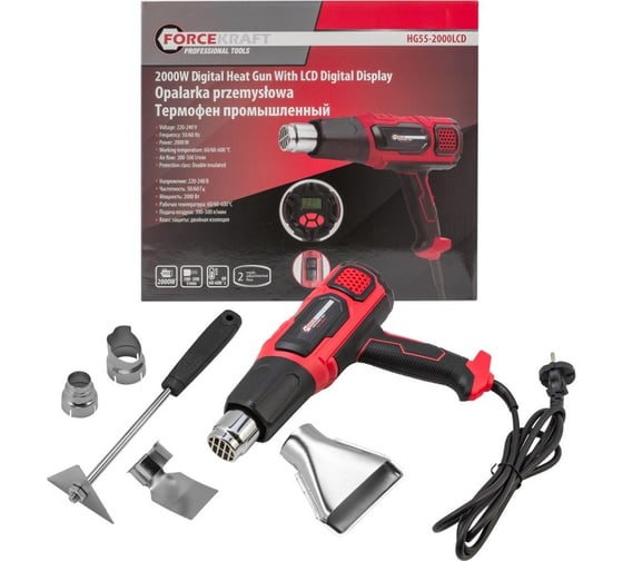 Изображение товара Промышленный электрический фен с дисплеем и насадками Forcekraft  220в, 50/60гц, 2000вт, 60-600с, 300-500л/мин, класс защиты-двойная изоляция FK-HG55-2000LCD(52343)