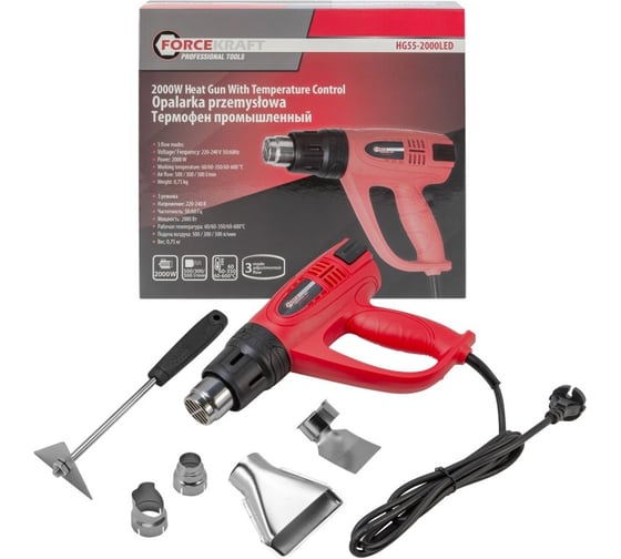 Изображение товара Промышленный электрический фен с насадками Forcekraft 220в, 50/60гц, 2000вт, 60/350/600с, 50/300/500л/мин,3 режима, класс защиты-двойная изоляция FK-HG55-2000LED(52344)