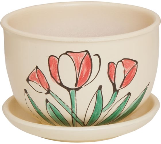 Изображение товара Керамический горшок с подставкой Вещицы 0.5 л, диаметр 130 мм, высота 90 мм, бежевый BH-12-8