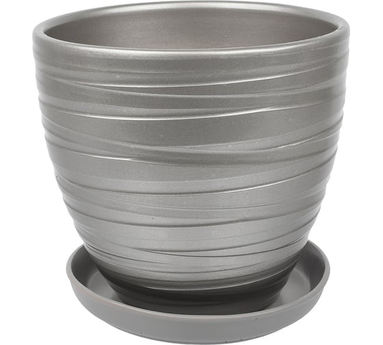 Изображение товара Керамический горшок с подставкой Вещицы Рельеф 2.4 л, диаметр 175 мм, высота 158 мм, металлик BH-95-2