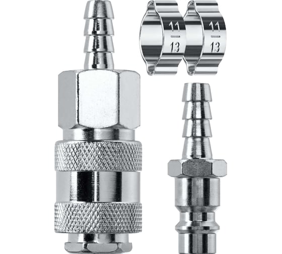 Изображение товара Набор KRAFTOOL "елочка" 8 мм - рапид муфта, рапид штуцер - "елочка" 8 мм, обжимные хомуты, 2 шт 06599-08-H