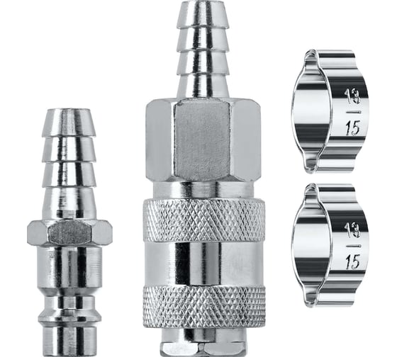 Изображение товара Набор KRAFTOOL "елочка" 10 мм - рапид муфта, рапид штуцер - "елочка" 10 мм, обжимные хомуты, 2 шт 06599-10-H