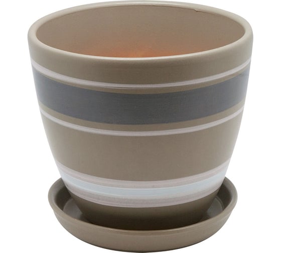 Изображение товара Керамический горшок с подставкой Вещицы 2.4 л, диаметр 175 мм, высота 160 мм, серый с белыми полосками BH-18-2