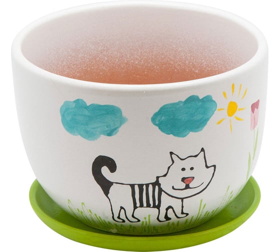 Изображение товара Керамический горшок с подставкой Вещицы Кот 1.05 л, диаметр 148 мм, высота 100 мм BH-08-4