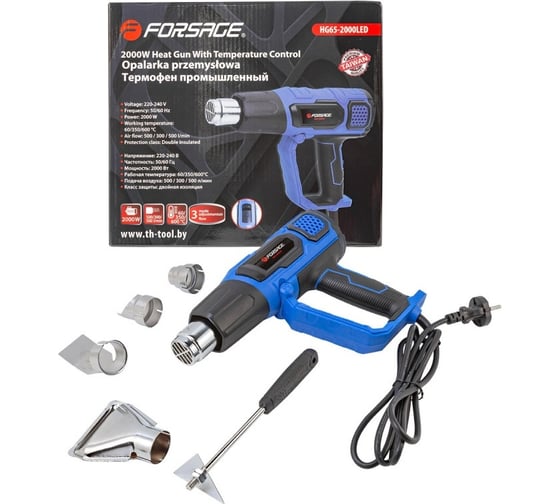 Изображение товара Промышленный электрический фен Forsage с насадками 220в, 50/60гц, 2000вт, 60/350/600с, 50/300/500л/мин, 3 режима, класс защиты-двойная изоляция  F-HG65-2000LED(52347)