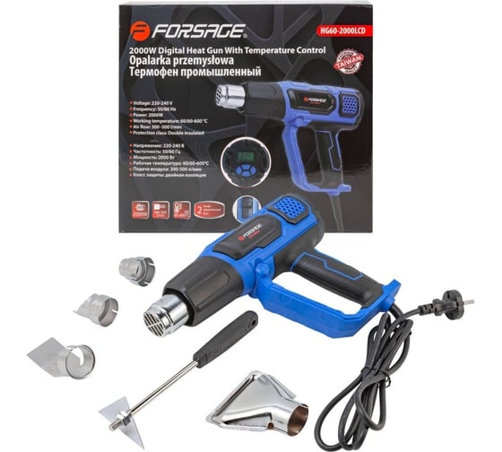 Изображение товара Промышленный электрический фен Forsage с дисплеем и насадками 220в, 50/60гц, 2000вт, 60-600с, 300-500л/мин, класс защиты-двойная изоляция F-HG60-2000LCD(52346)