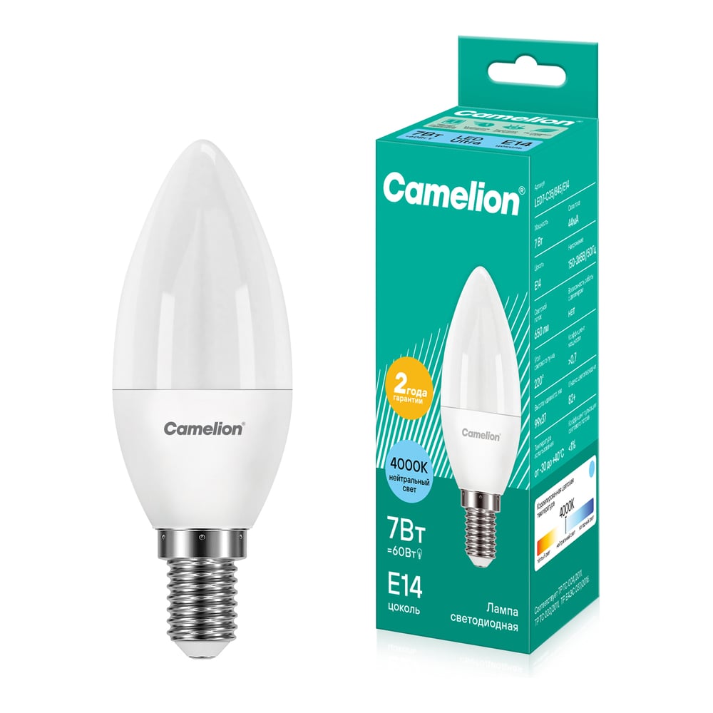 Светодиодная лампа 7Вт 220В Camelion LED7-C35/845/E14 12074