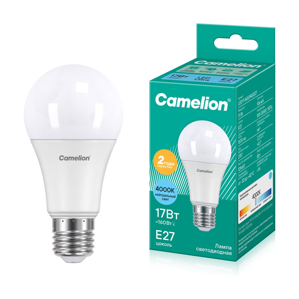 Изображение товара Светодиодная лампа 17Вт 220В Camelion LED17-A65/845/E27 12309