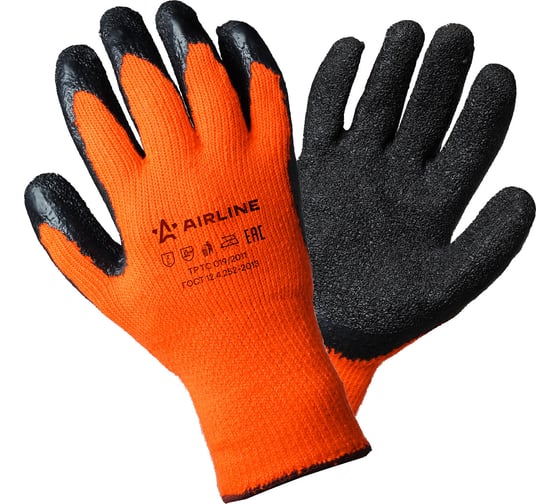 Изображение товара Утепленные акриловые перчатки с двухслойным латексным покрытием ладони Airline р.XL, оранжевый/черный AWG-W-05
