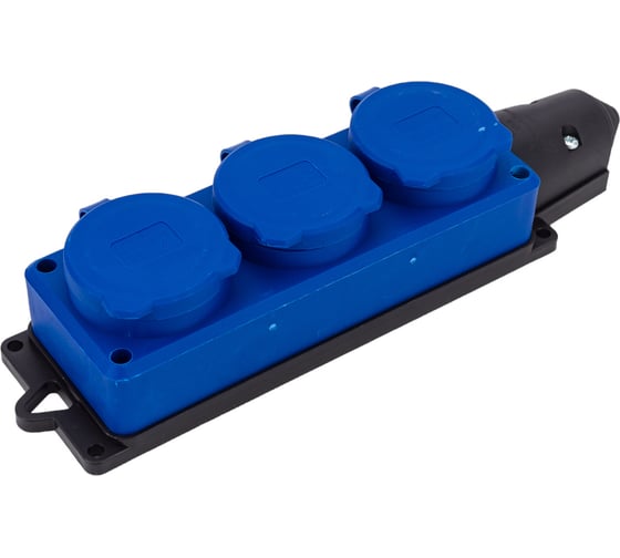 Изображение товара 3-х местная однофазная колодка UNIVersal с заглушками компакт c заземлением каучук 16а 250в ip44 цвет синий еврослот 3044