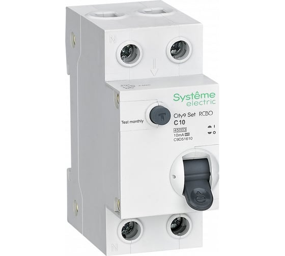 Изображение товара Автоматический выключатель дифференциального тока Systeme Electric АВДТ City9 set 1p+n с, 10 А, 4.5 kА, 10 мА, тип-a, 230 В C9D51610