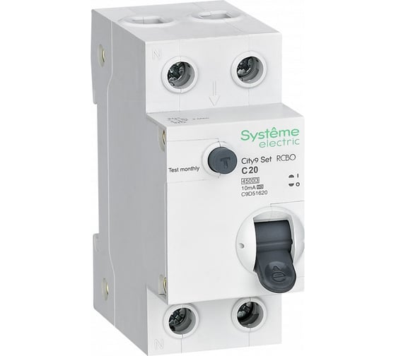 Изображение товара Автоматический выключатель дифференциального тока Systeme Electric АВДТ City9 set 1p+n с, 20 А, 4.5 kА, 10 мА, тип-a, 230 В C9D51620