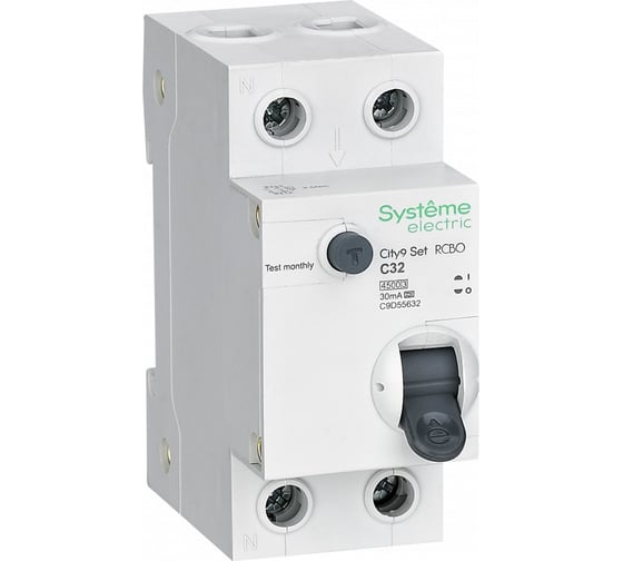 Изображение товара Автоматический выключатель дифференциального тока Systeme Electric АВДТ City9 set 1p+n с, 32 А, 4.5 kА, 30 мА, тип-a, 230 В C9D55632