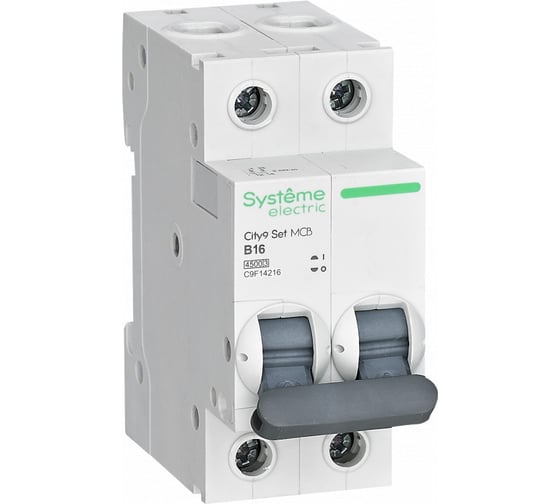 Изображение товара Автоматический выключатель Systeme Electric City9 set ав b, 16 А, 2 Р, 4.5 kА, 230 В C9F14216