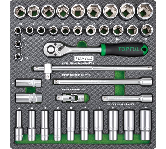 Изображение товара Набор головок и аксессуаров TOPTUL 1/2, 39 предметов в мягком ложементе GEC3901