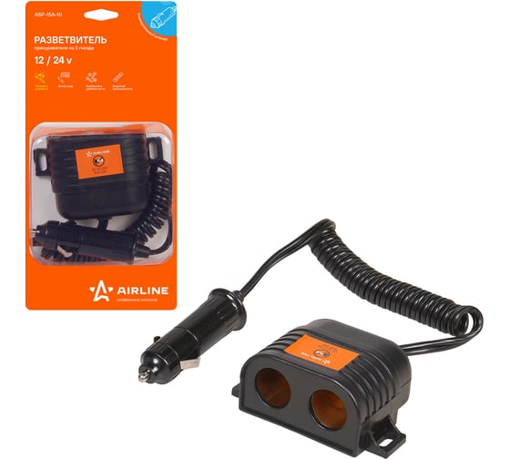 Изображение товара Прикуриватель-разветвитель Airline 15А на 2 гнезда с витым шнуром ASP-15A-10