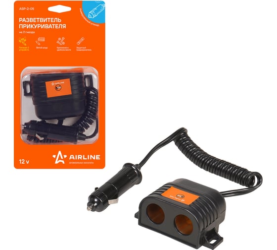 Изображение товара Прикуриватель-разветвитель на 2 гнезда с витым шнуром Airline ASP-2-05