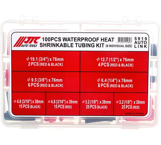 Изображение товара Набор термоусадочных влагозащитных трубок 6 типоразмеров, длина 38-76мм в боксе 100шт JTC-5919
