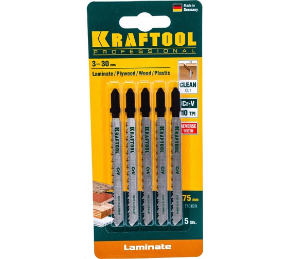 Изображение товара Пилки для электролобзика 5 шт. (Cr-V; обратный рез; EU-хвост.; шаг 2.5 мм, 75 мм) по дереву, фанере, ламинату KRAFTOOL 159516-2.5-S5