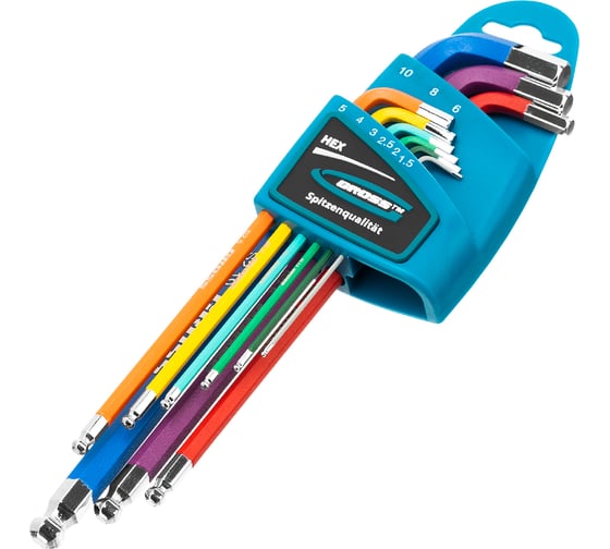 Изображение товара Набор имбусовых ключей с шаром GROSS HEX 1,5–10 мм, S2, магнит, экстра-длинные, хром/краска, 9 шт. 16400