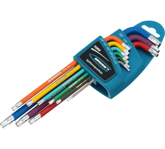 Изображение товара Набор экстрадлинных имбусовых ключей с магнитом GROSS TORX-TT T10-T50, S2, хром/краска, 9 шт. 16402