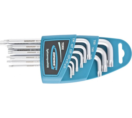 Изображение товара Набор удлиненных имбусовых ключей GROSS TORX-TT T10-T50, S2, сатинированные, 9 шт. 16407