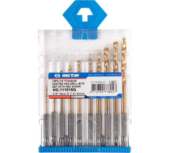 Изображение товара Набор сверл по металлу с шестигранным хвостовиком 10 шт, 1.5-5.5 мм, HSS-TIN KING TONY 11101SQ