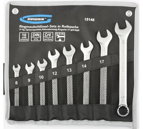 Изображение товара Набор комбинированных ключей GROSS 8-19 мм, CrV, холодный штамп, 8 шт. 15148