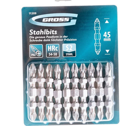 Изображение товара Набор бит двухсторонних (PH2 х 45 мм, сталь S2) 10 шт. GROSS 11209