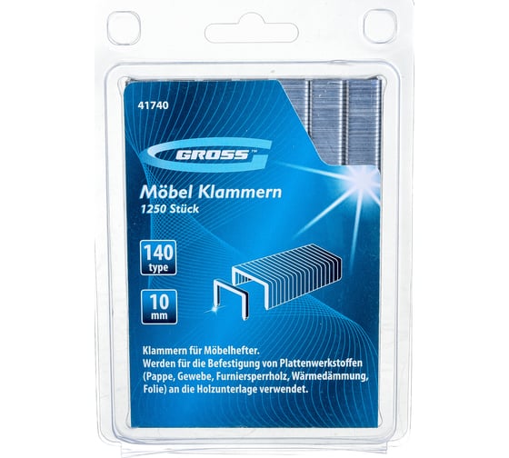 Изображение товара Скобы GROSS 10 мм, для мебельного степлера, усиленные, тип 140, 1250 шт. 41740