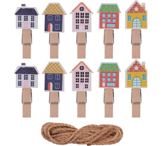 Изображение товара Декоративные прищепки Мультидом Домики Набор из 10 шт общая длина 3.5 см VL75-123