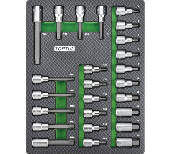 Изображение товара Набор головок торцевых с насадками Hex, Torx, Spline, 25 предметов, 1/2"DR, в мягком ложементе TOPTUL GEB2501