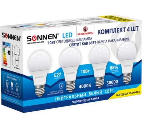 Изображение товара Светодиодная лампа SONNEN 10 (85) Вт, Комплект 4 шт., цоколь Е27, нейтральный белый, 30000 ч., 455938