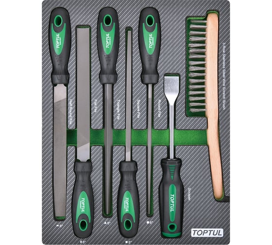 Изображение товара Набор инструментов TOPTUL напильники, шабер и щетка, 7 предметов в мягком ложементе GEB0705