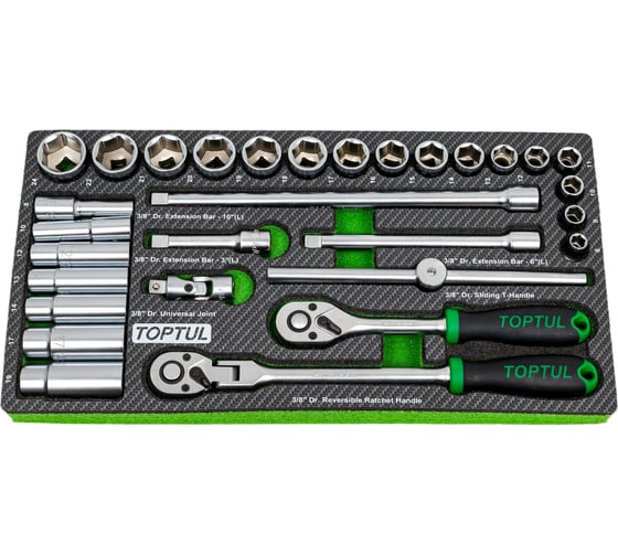 Изображение товара Набор головок и аксессуаров TOPTUL 3/8", 30 предметов в мягком ложементе GEA3005