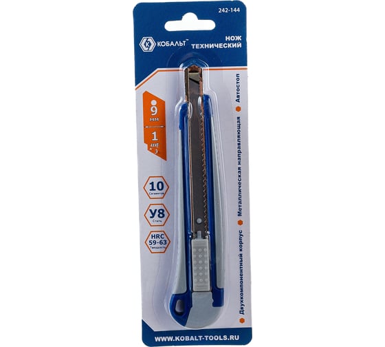 Изображение товара Технический нож, лезвие 9мм, двухкомпонентный корпус, металлическая направляющая, автостоп КОБАЛЬТ 242-144