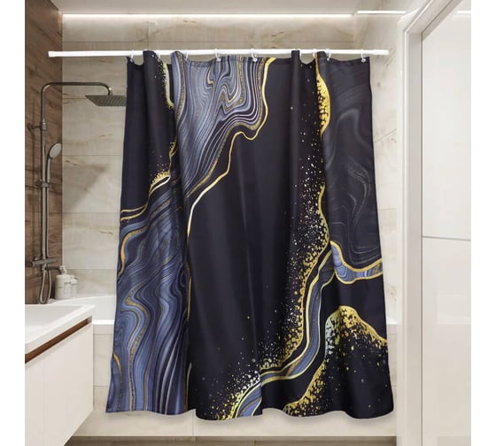 Изображение товара Тканевая штора для ванной Сантис pe-208 (черный мрамор) 90 gsm 180x180 см 038695