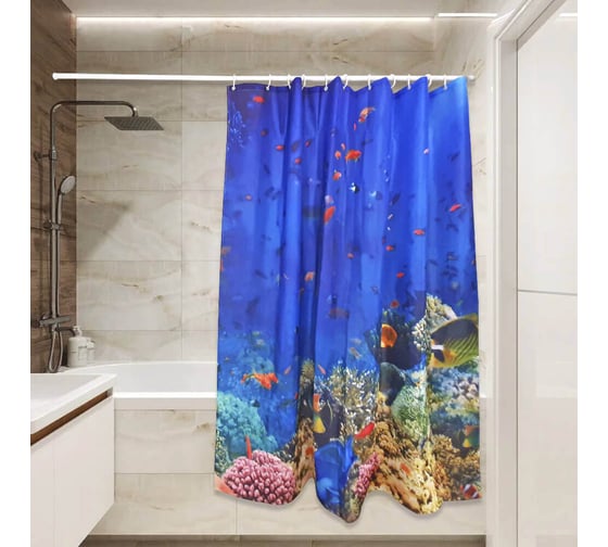 Изображение товара Тканевая штора для ванной Сантис pe-162 (подводный мир) 90 gsm 180x180 см 035171